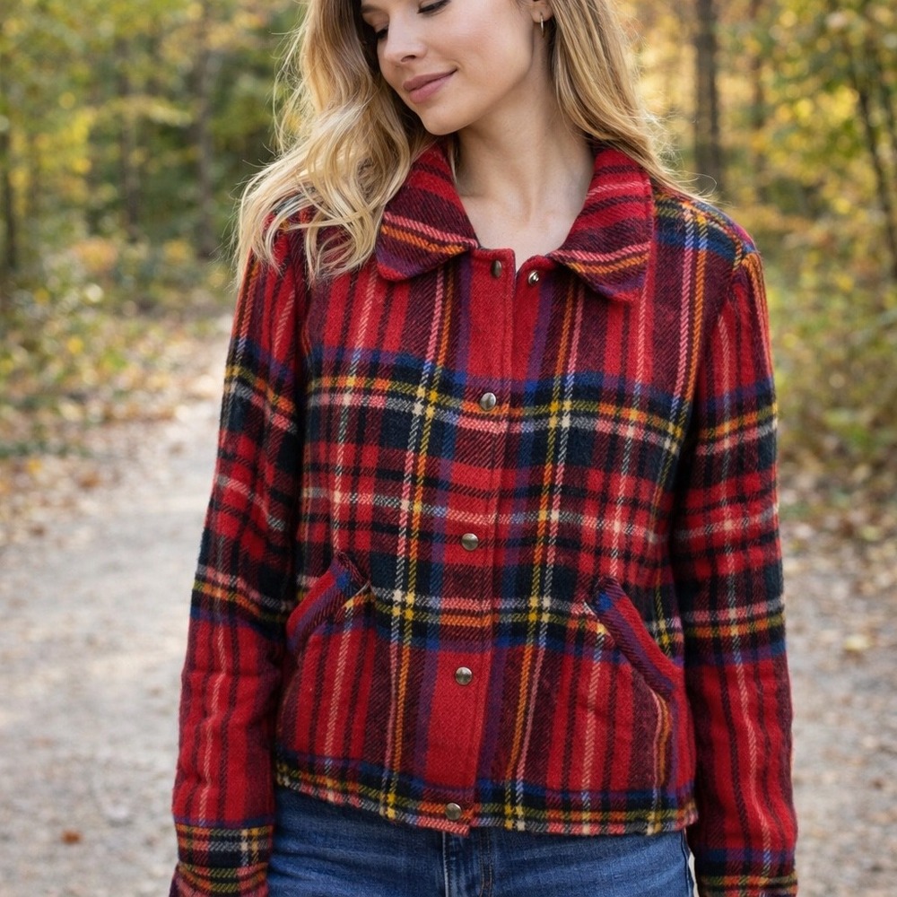 Vintage‎ Browns of Bermuda Red Plaid Wool Jacket Great Britain XL 80s Distressed